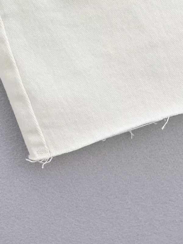 High-Waist Elastic Slim-Fit Distressed Edge A-Line Denim Mini Skirt