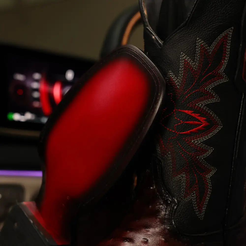 Wine Ostrich Leather Boots With Black Shaft - Square Toe