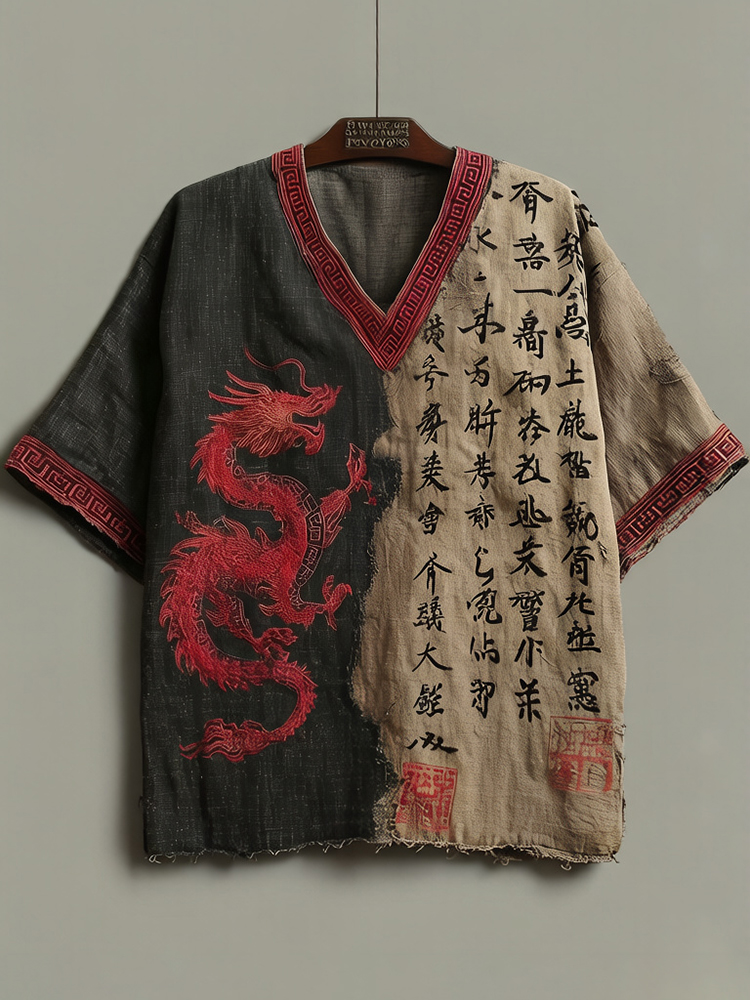 Men's Retro Japanese Calligraphy And Dragon Art Pattern Linen Blend Shirt