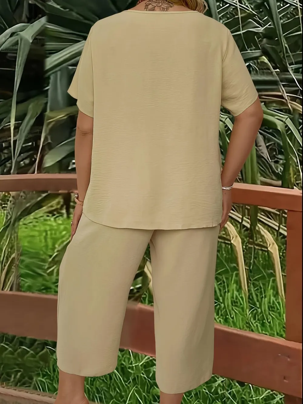 Women's Solid Color Short Sleeve Fashion Top & Casual Wide Leg Pants Set, Summer, Comfortable & Stylish