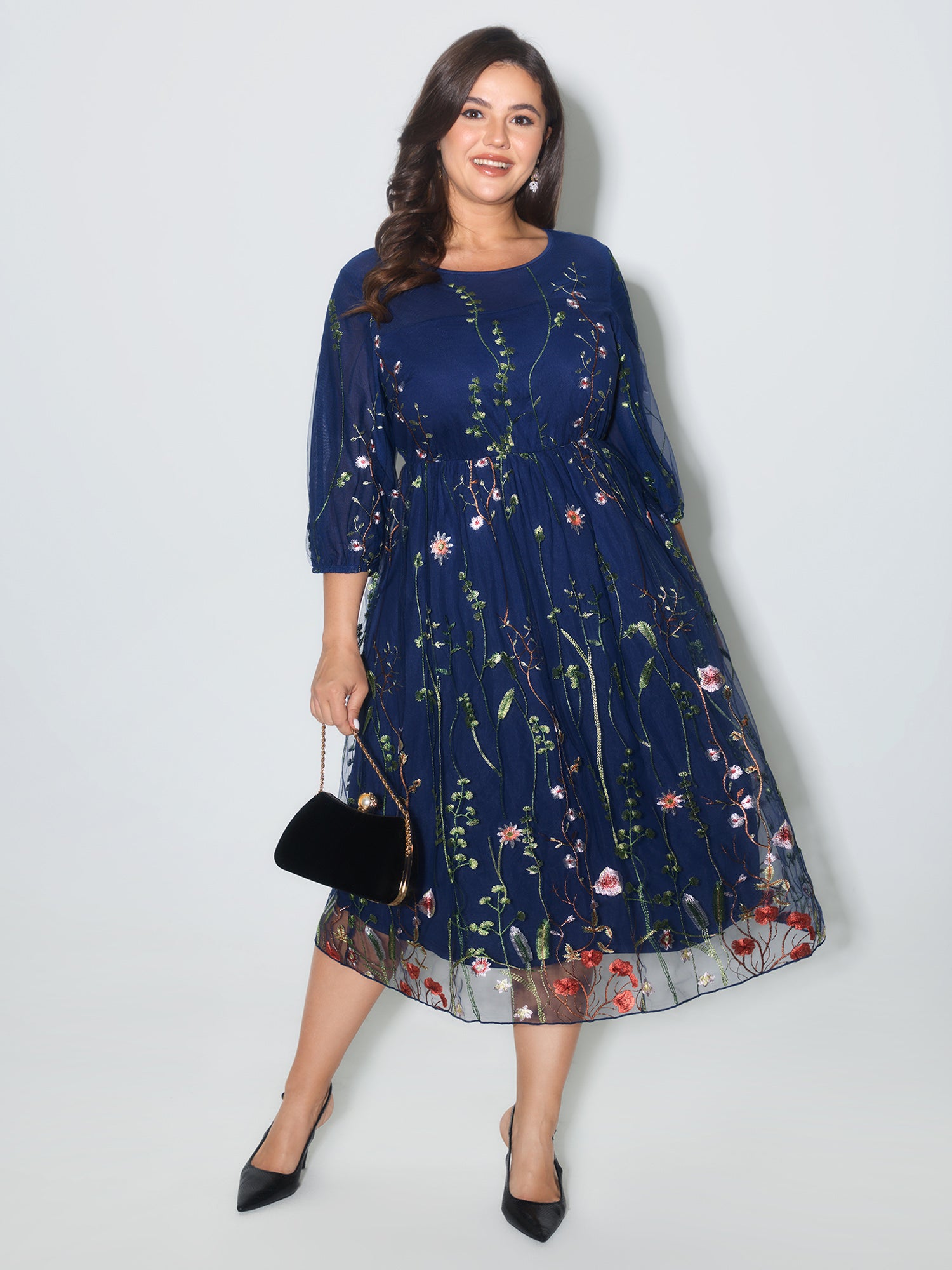 Floral Embroidered Elastic Waist Lined Midi Dress