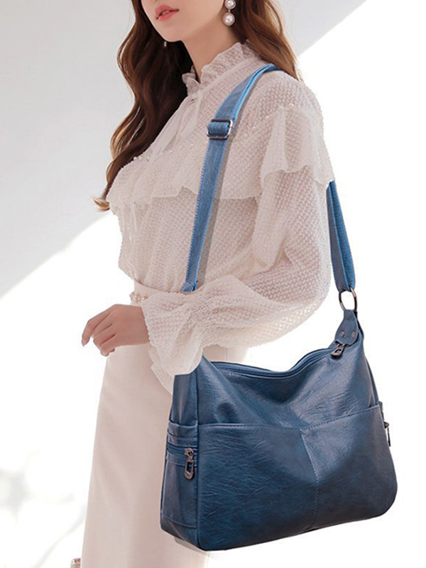 Vintage Solid Color Split-Joint Leather Shoulder Bag