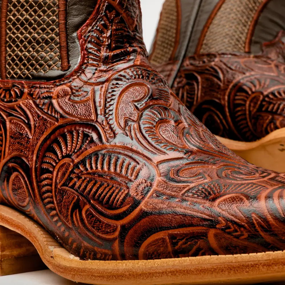 Cognac Hand-Tooled Boots - Square Toe
