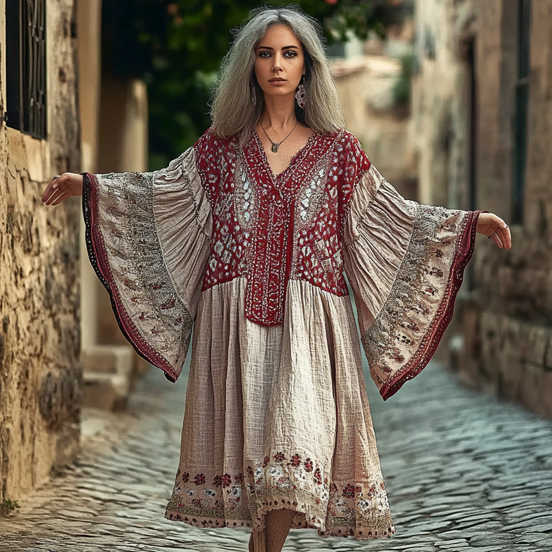 Vintage Loose Linen Patchwork Rainbow Contrast Dress e515