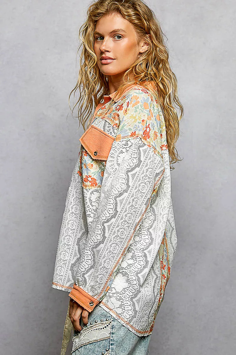 POL Floral Print Long Sleeve Lace Shirt with Front Pocket