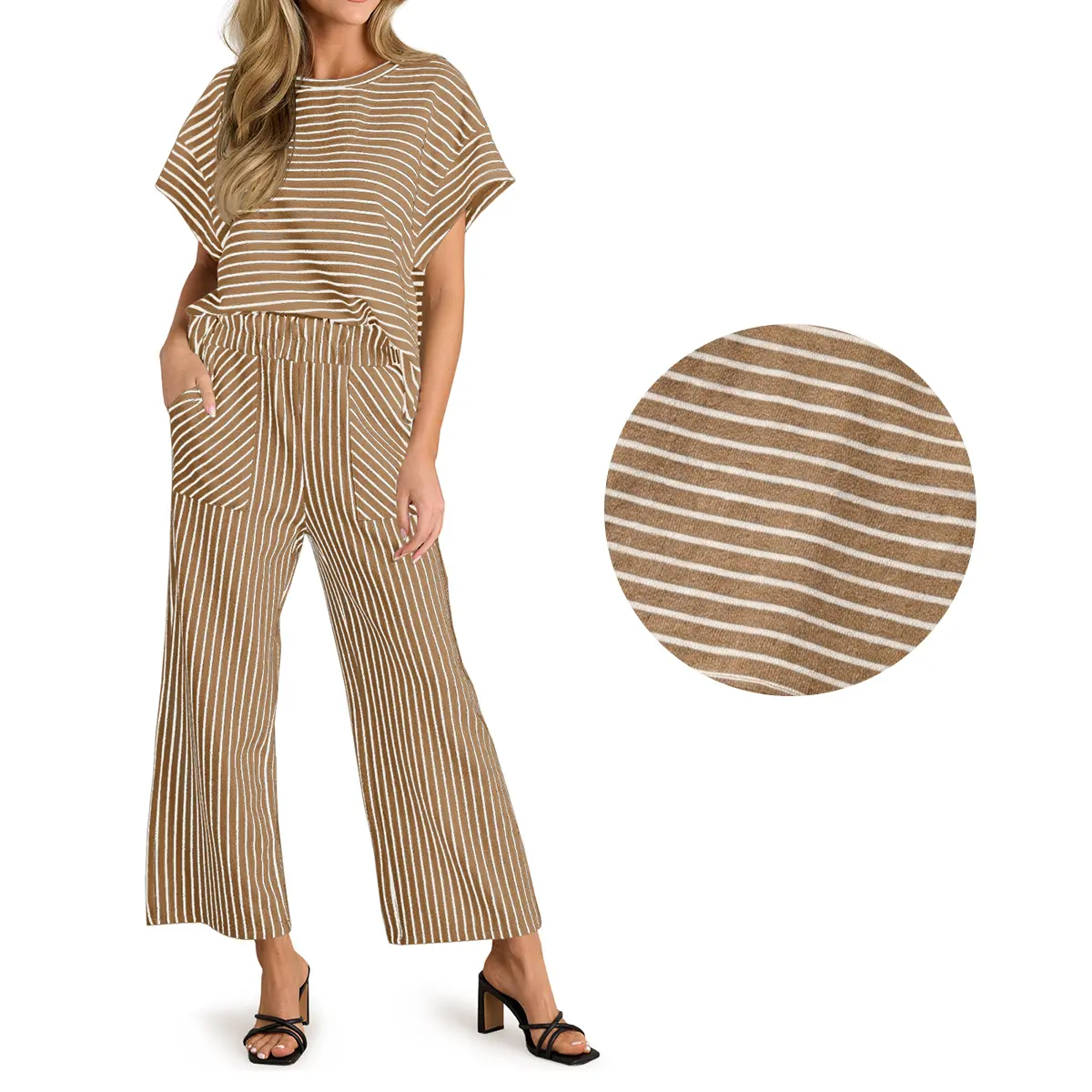 Womens Striped 2 Piece Sets Short Sleeve T Shirts Wide Leg Pants Matching Lounge Set with Pockets
