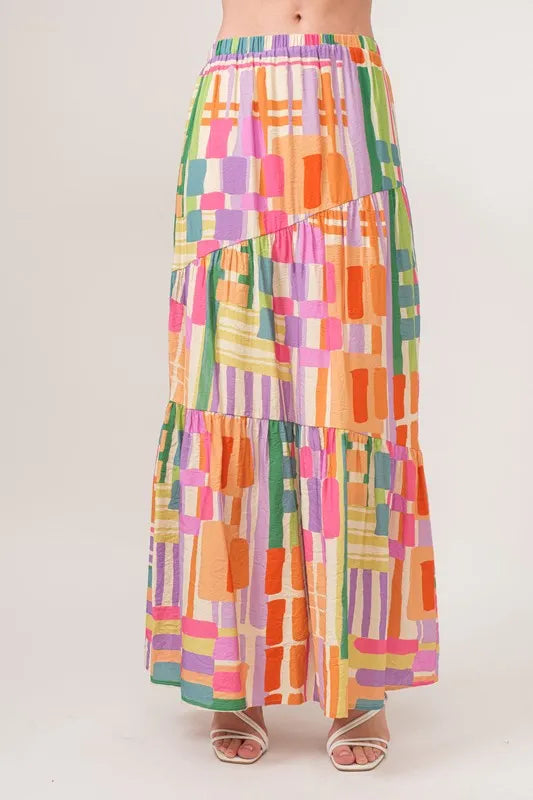 Asymmetric Geo Printed Tiered Maxi Skirt