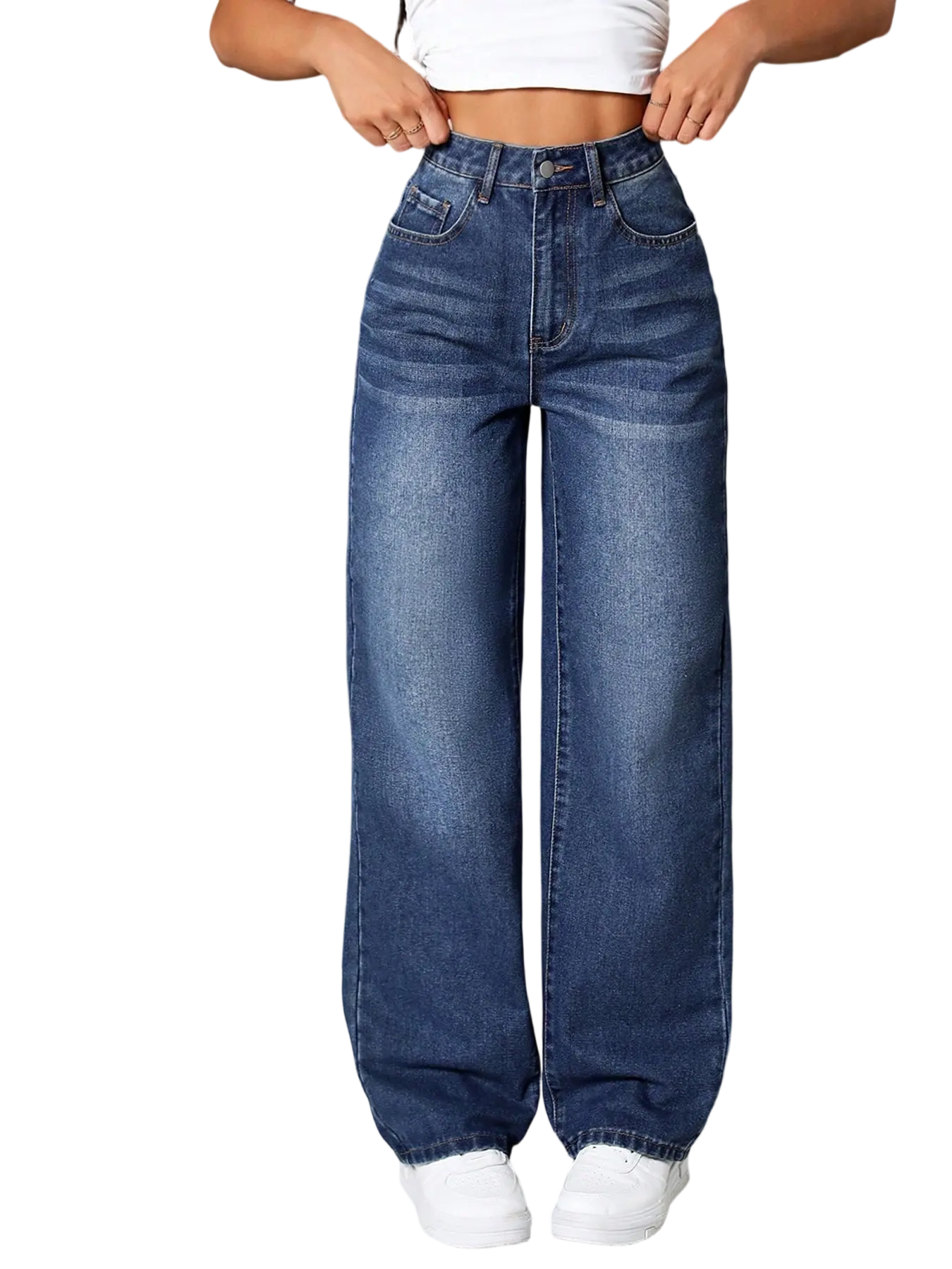 Women’s Elastic Waist Stacked Denim Jeans – Button Front, Pockets, High-Waisted Casual Straight Leg Pants