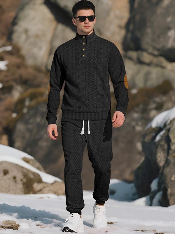 Mens Knitted Half-Placket Sweatshirt with Contrast Elbow Patches