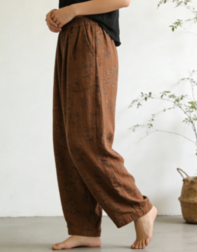 Retro Brown Printed Linen Pull-On Pants