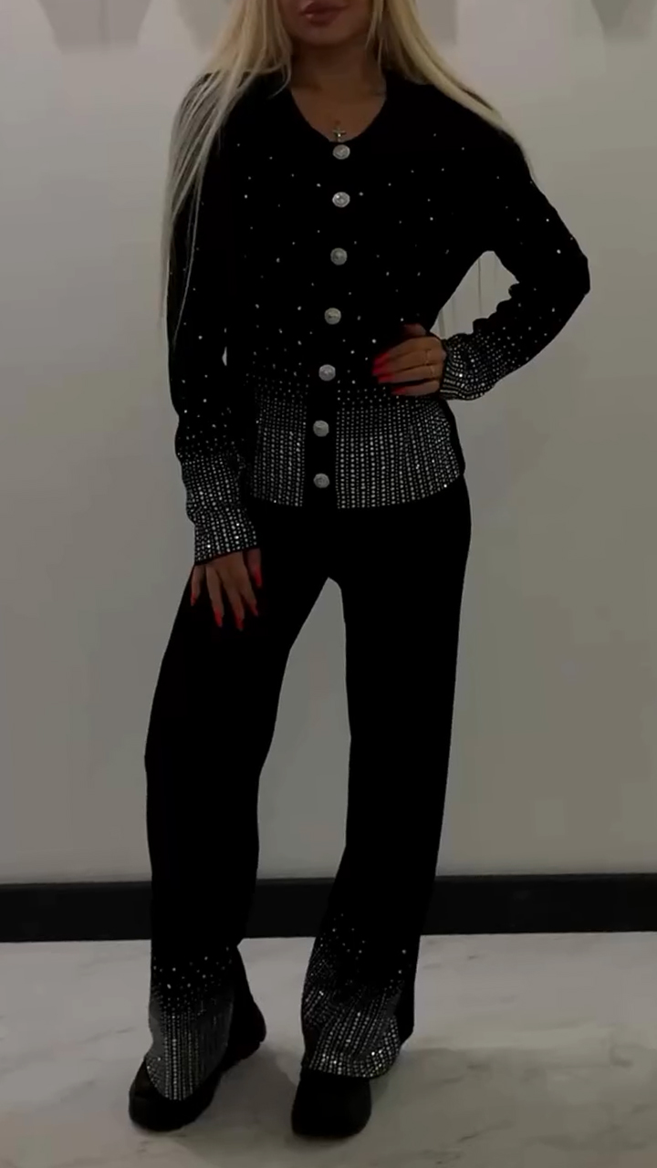 Womens Round Neck Breasted Rhinestone Cardigan+ Pants Casual Set
