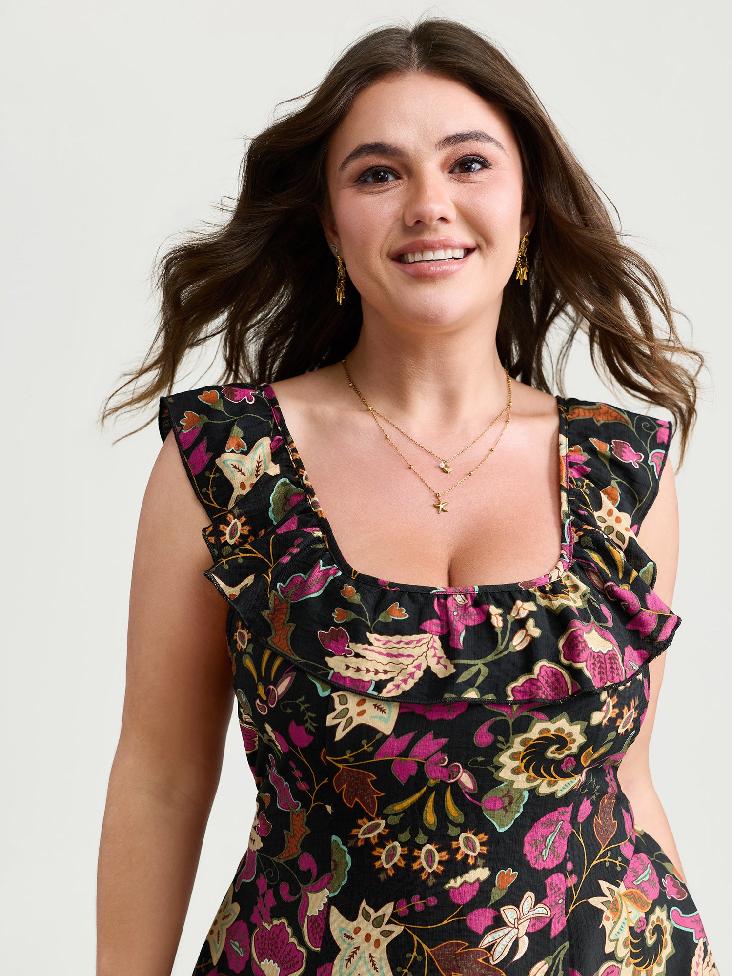 Vibrant Floral Print Ruffled Neckline Mini Dress