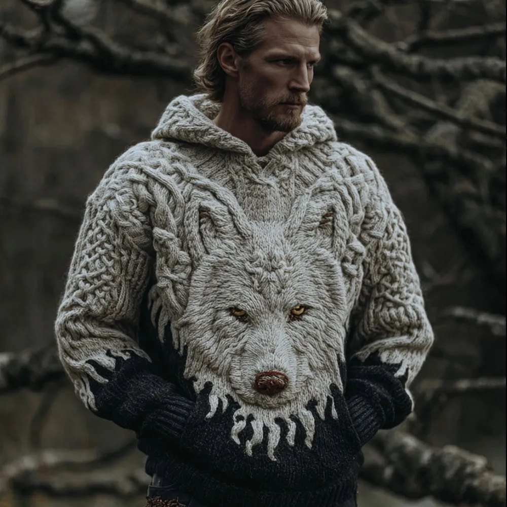 Men's Viking Style Wolf Headed Hooded Sweater