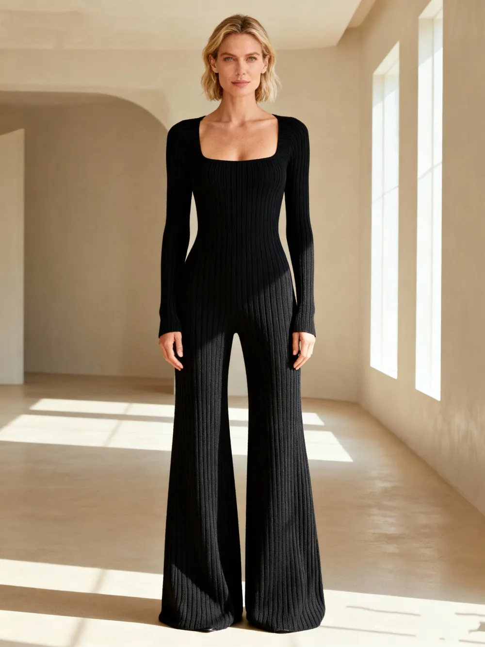 Women's Slim-Fit Solid Color Ribbed Fleece Jumpsuit Set