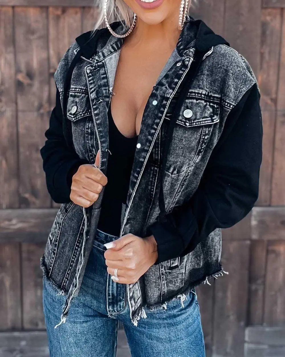 Melarey Distressed Hooded Denim Jacket