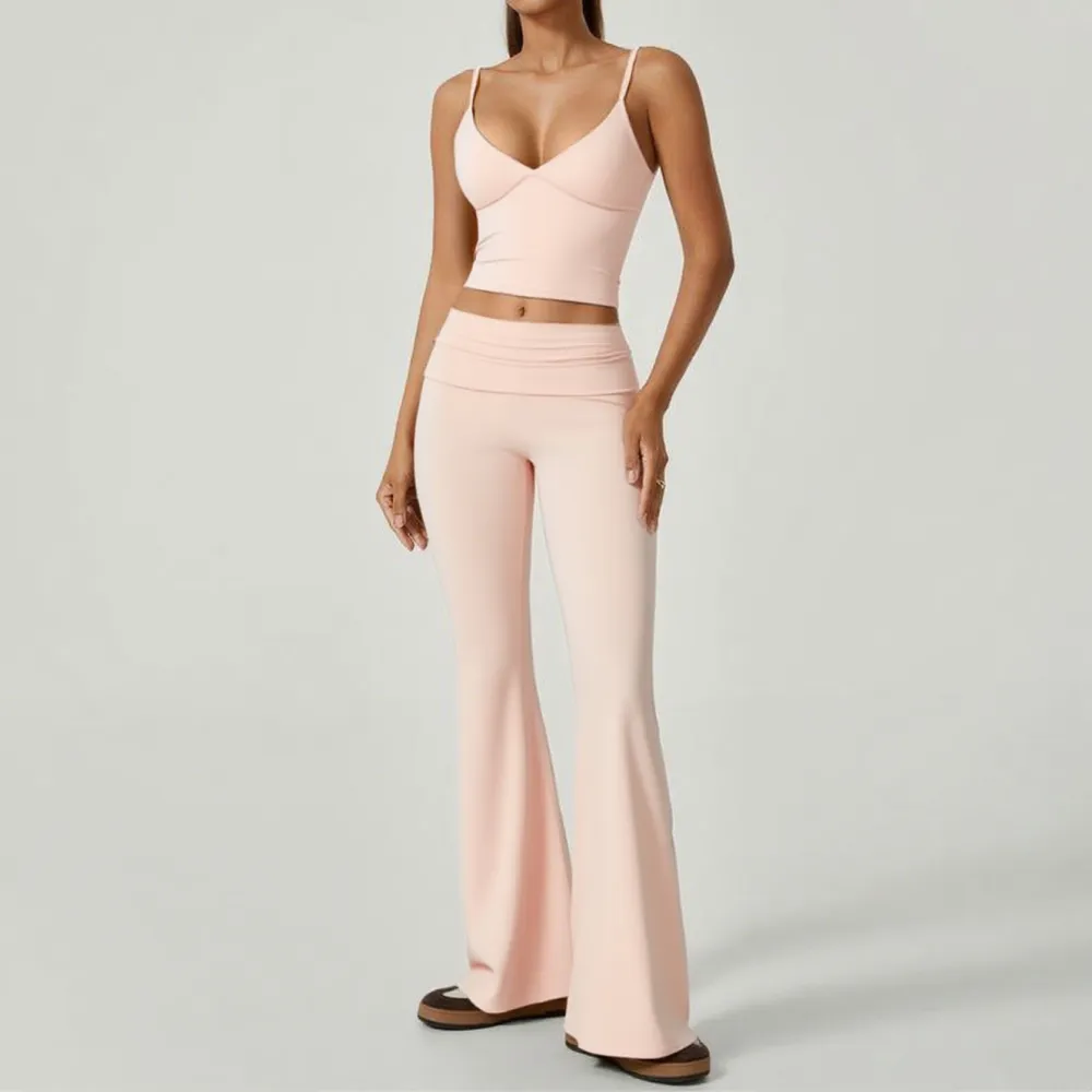 Women's 2-Piece Deep V Crop Cami & Flared Pants Set