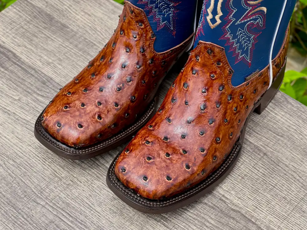 Men’s Cognac Ostrich Leather Boots With Blue Shaft