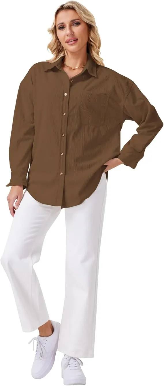 Women's Plain Pocket Button Front Corduroy Shirt