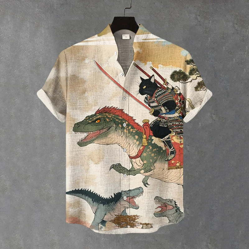 Men's Warrior Cats Fight Dinosaurs Art Print Casual Shirt