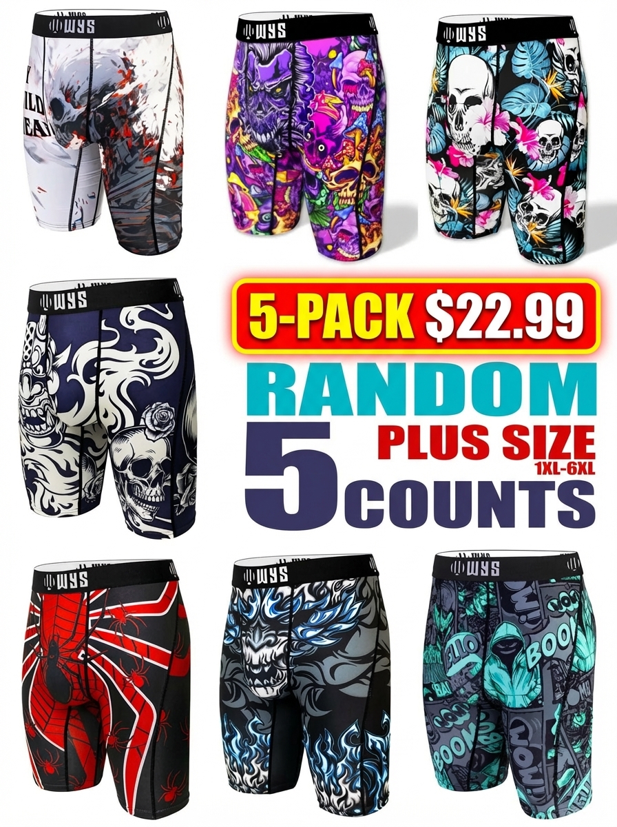 Random 5-Piece Set Plus Size Men's Long Thong Underwear, Breathable Sport Briefs, Quick-Dry