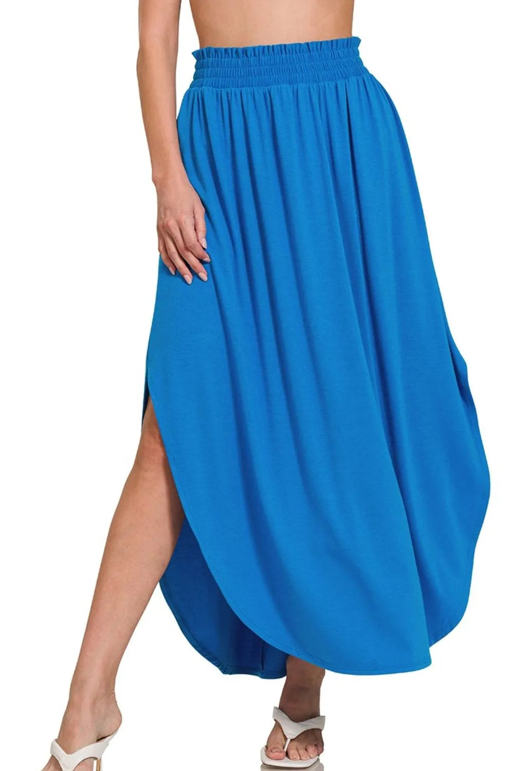 Zenana Smocked Waist Side Slit Maxi Skirt With Pockets