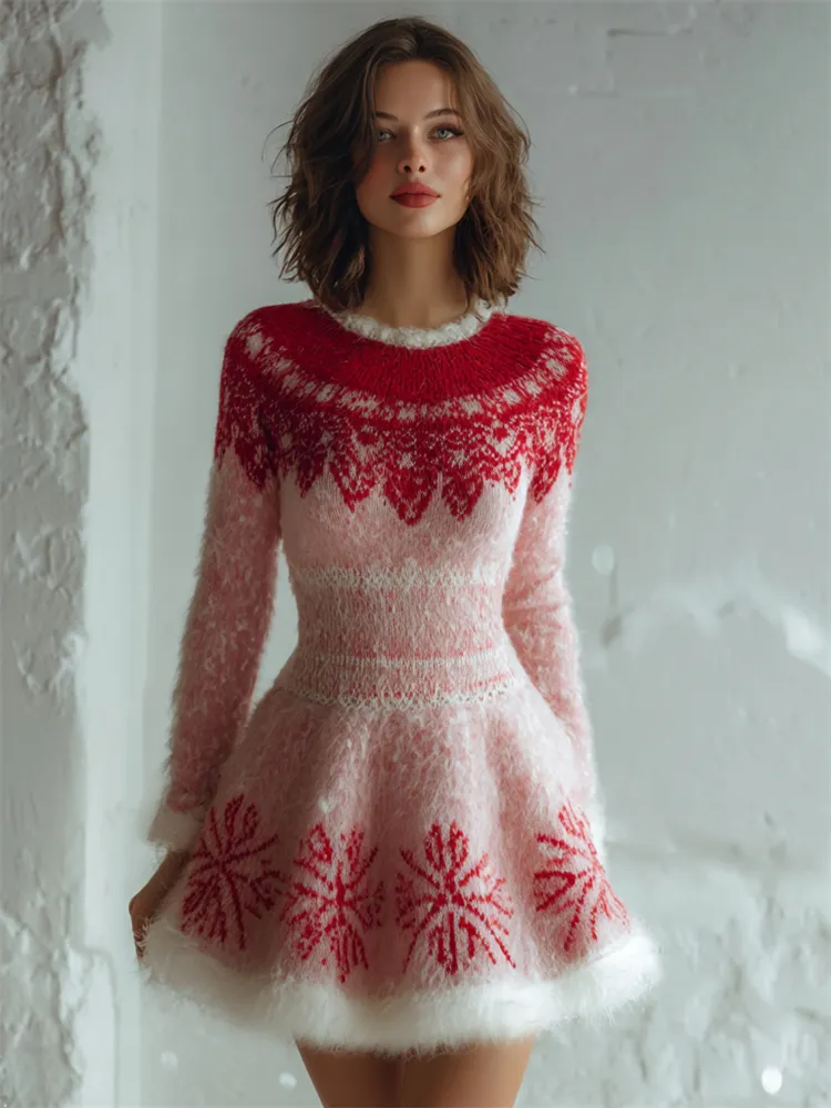 Vintage Christmas Snowflakes Yoke Cozy Sweater Dress