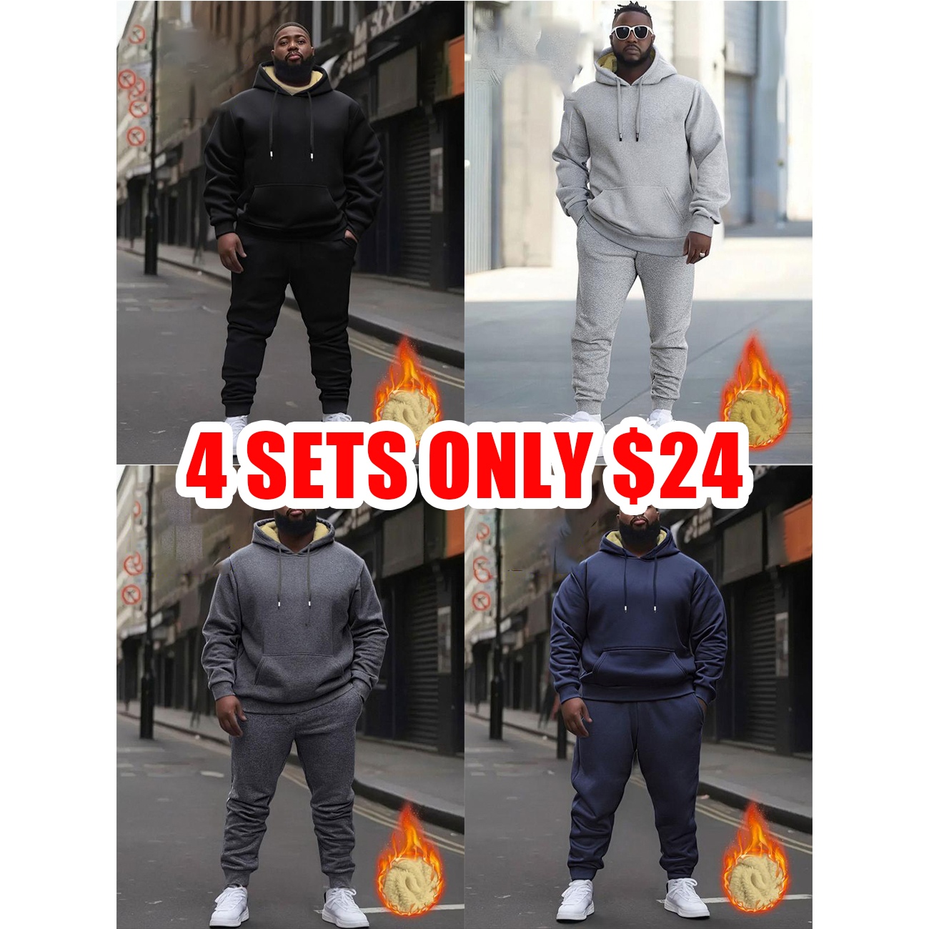 Men’s Winter Plush Two-Piece Set with Hooded Jacket & Pants