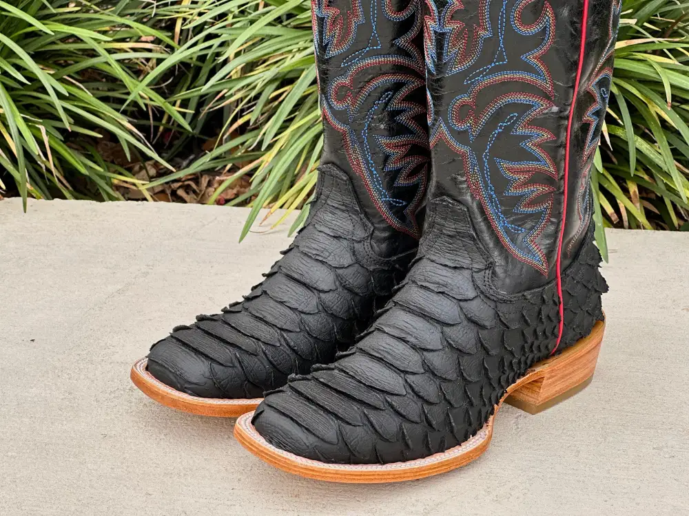 Mens Black Matte Python Leather Boots With Black Shaft