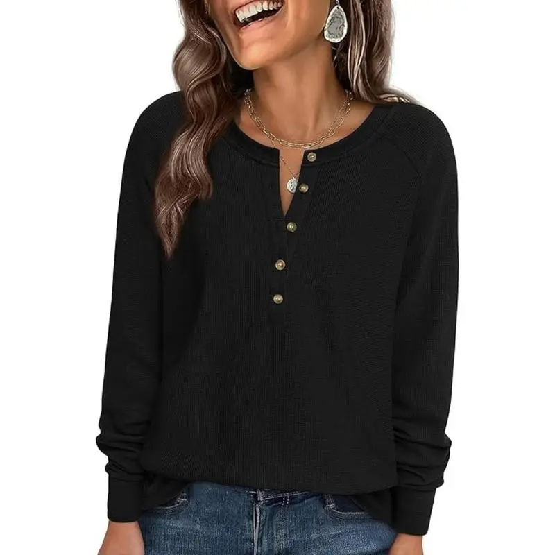Women's Button Up Waffle Top Long Sleeve Knit Shirts Fall Casual Henley V Neck Tunic Tops