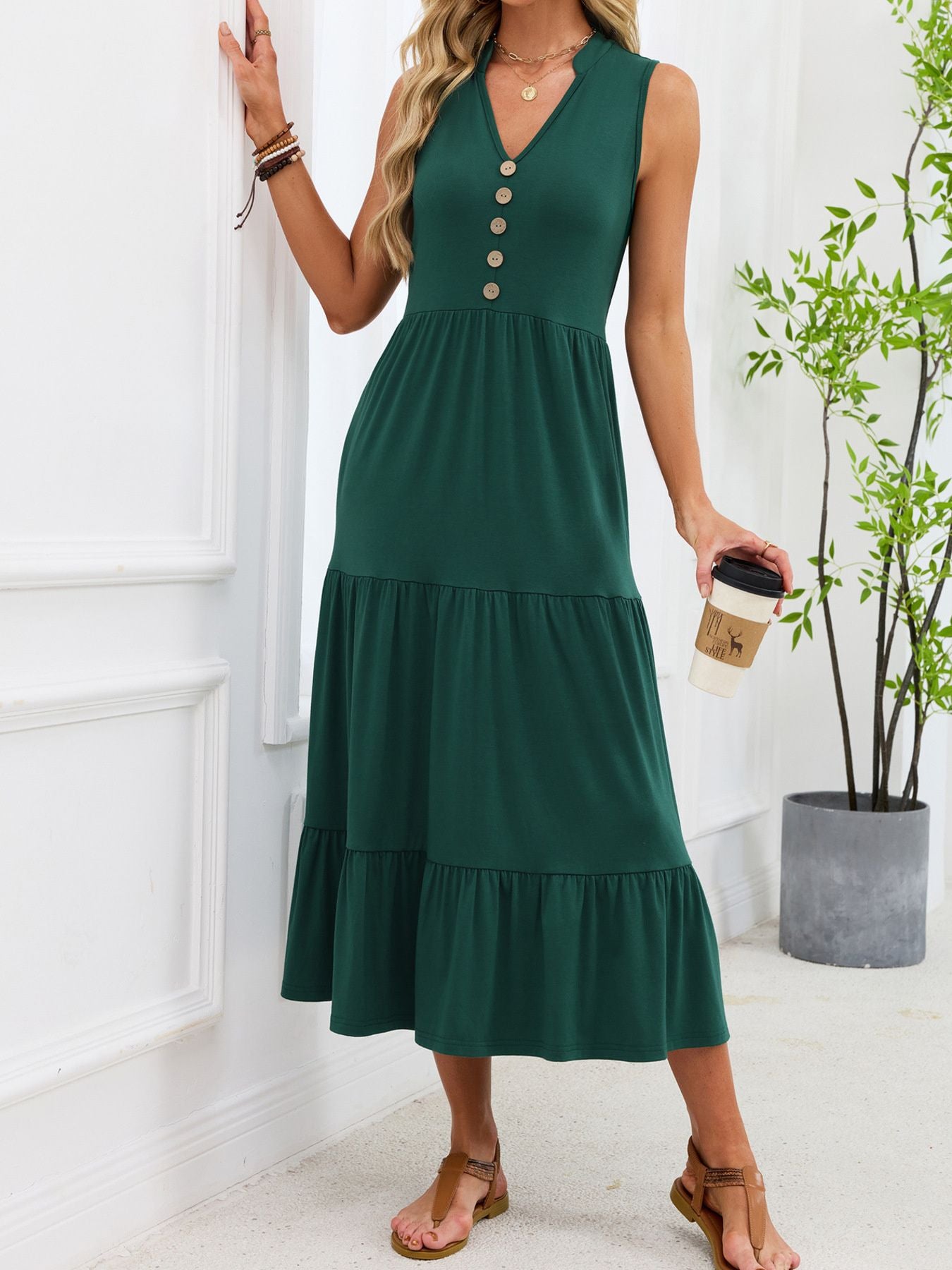 Ruffled Notched Tiered Midi Dress