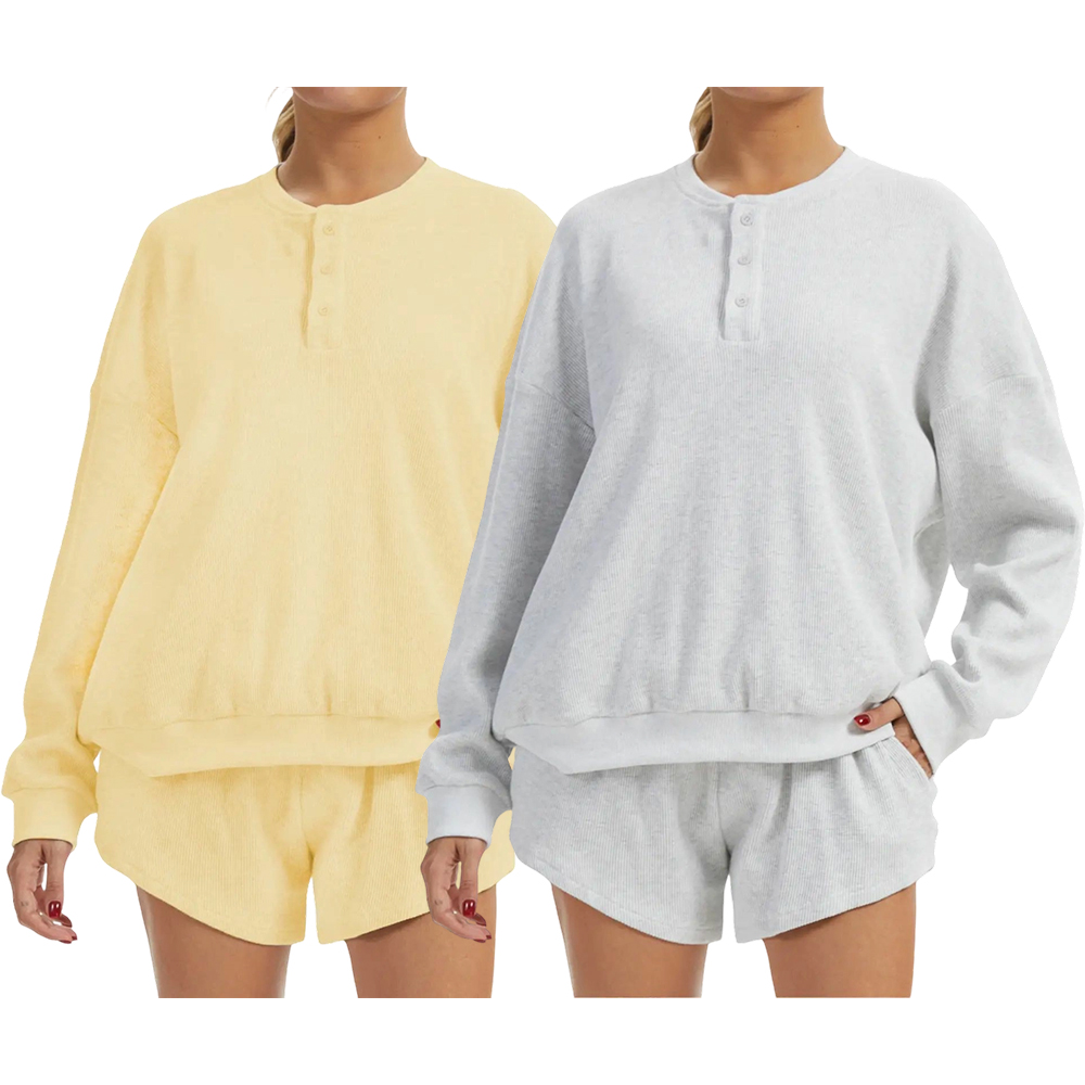 Women's Oversized Waffle Knit Lounge Set – Long Sleeve Henley Sweatshirt and High Waisted Shorts 2 Piece Casual Outfit Summervibes
