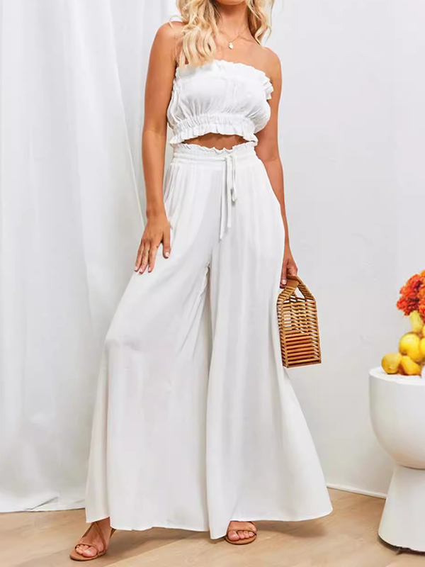 Drawstring Elasticity Pleated Pockets Solid Color High Waisted Loose Trousers Pants