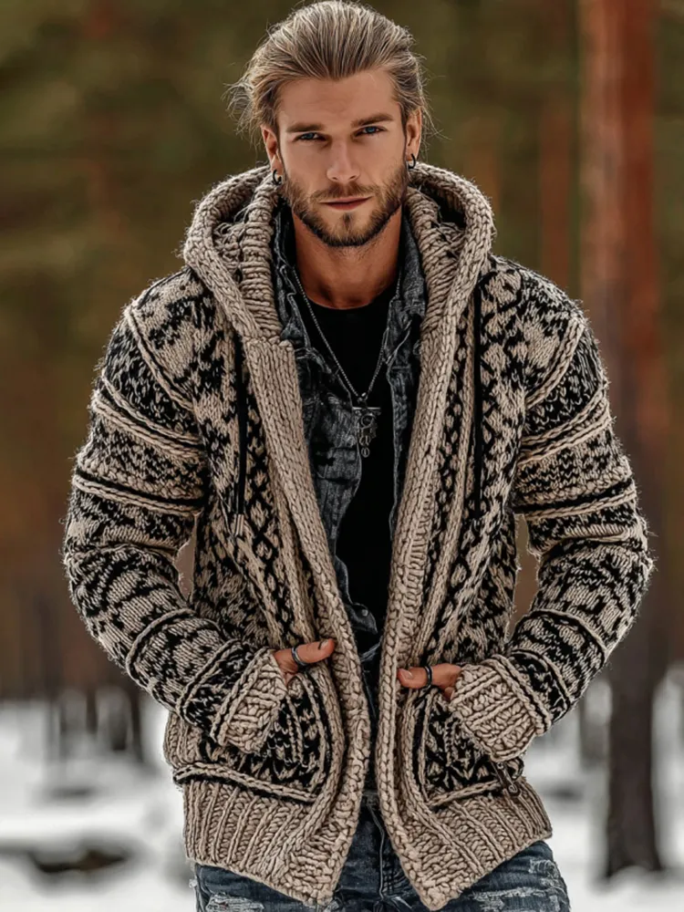 Men's Viking Tribal Art Button Cozy Cardigan Sweater