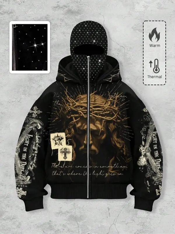 Men's Street-Style Rhinestone Windproof Warm 2-in-Hoodie w/Pockets & Zipper (Fall Winter)