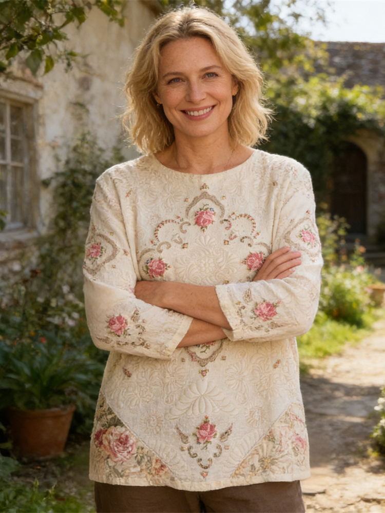 Vintage Floral Art Pattern Women's Linen Long Sleeve Shirt