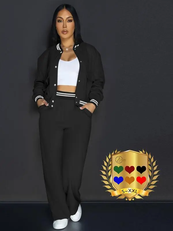 Women’s Solid Color 2-Piece Athletic Set – Baseball Jacket & Pocket Pants