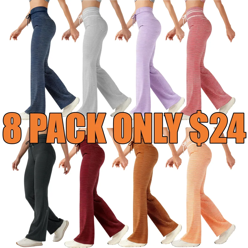 High Waisted Drawstring Stripe Flare Yoga Pants with Pockets