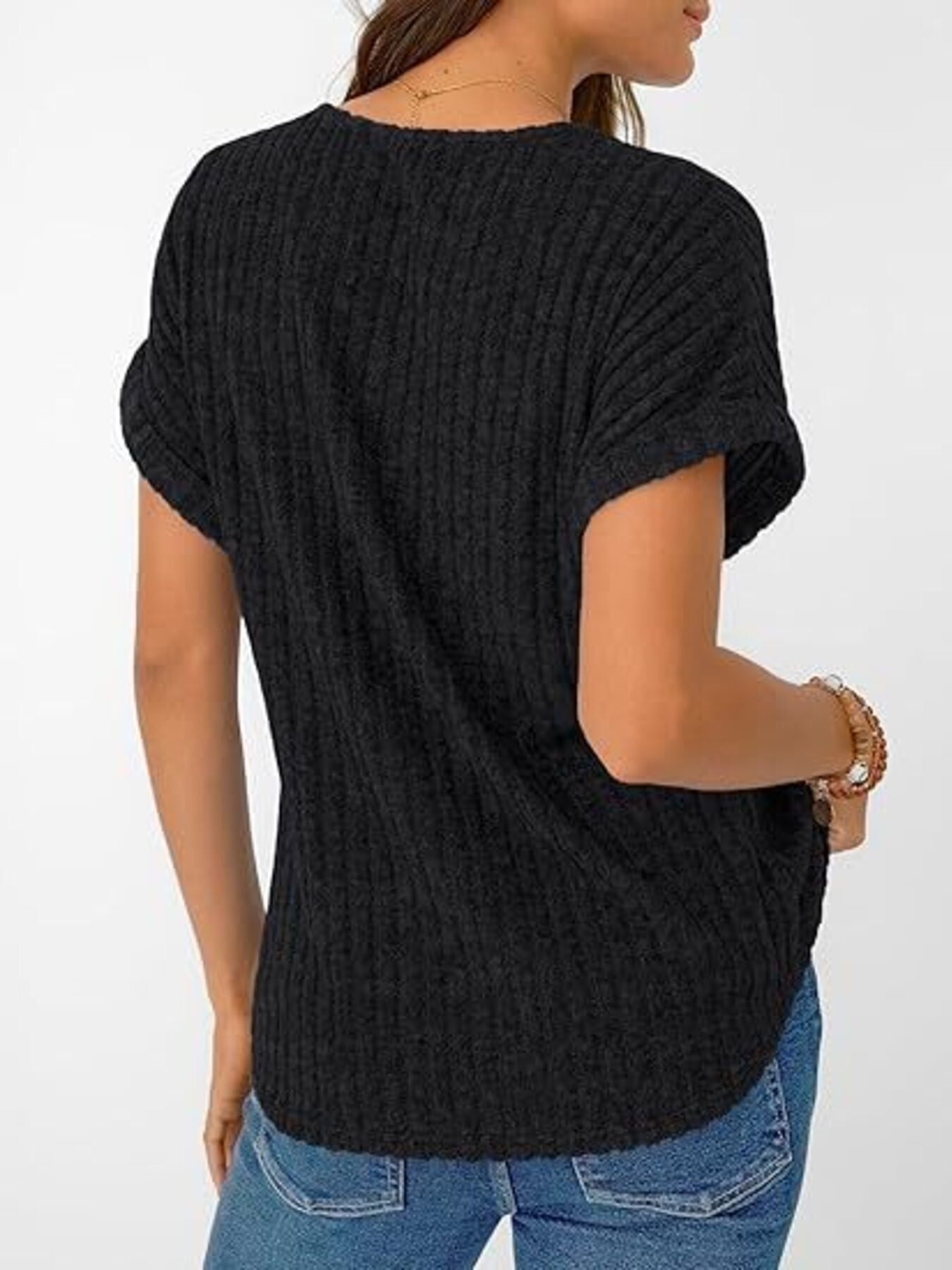 Ribbed Knit V-Neck Relaxed Fit T-Shirt