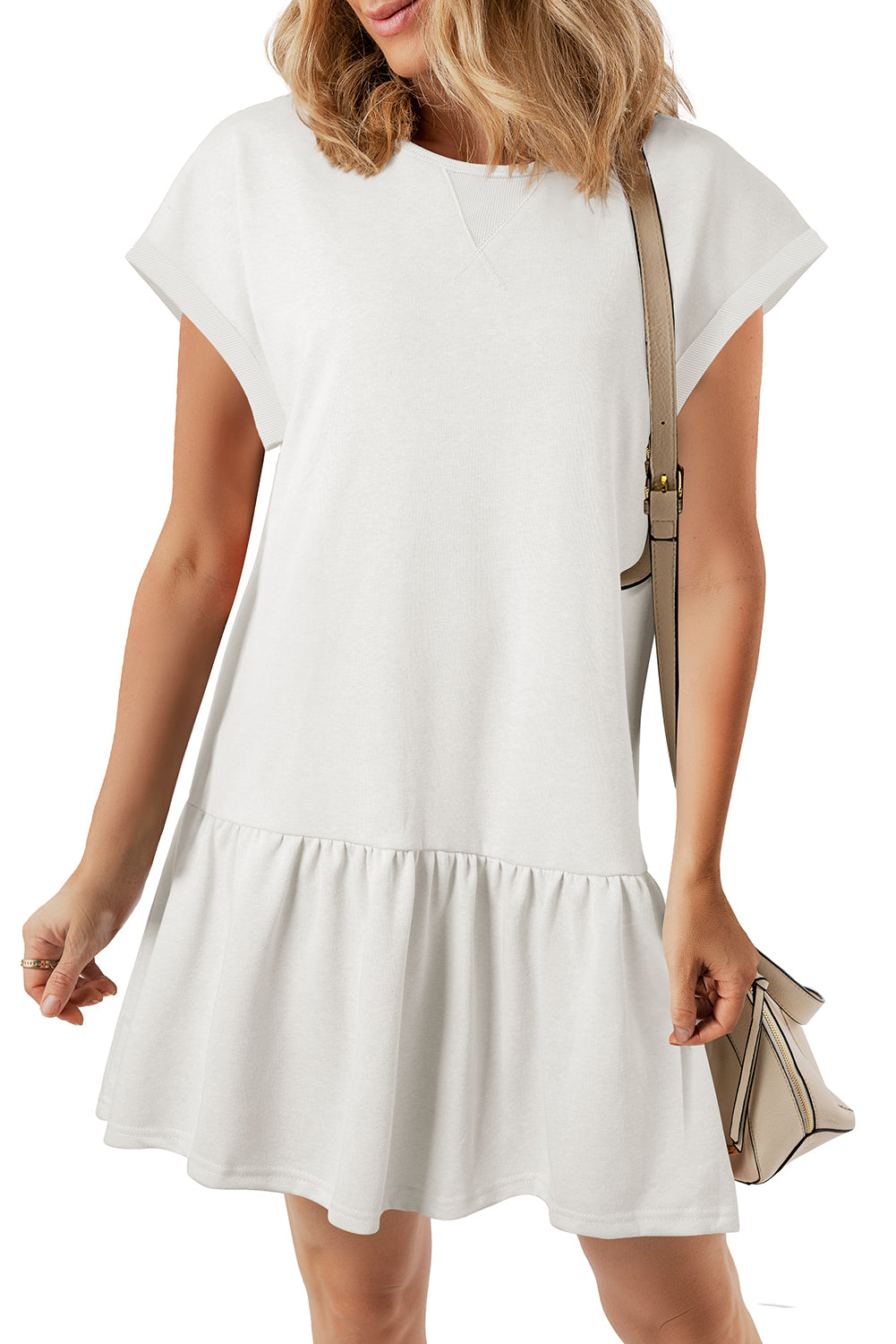 Apricot Pink Solid Color Cap Sleeve Drop Waist T Shirt Dress