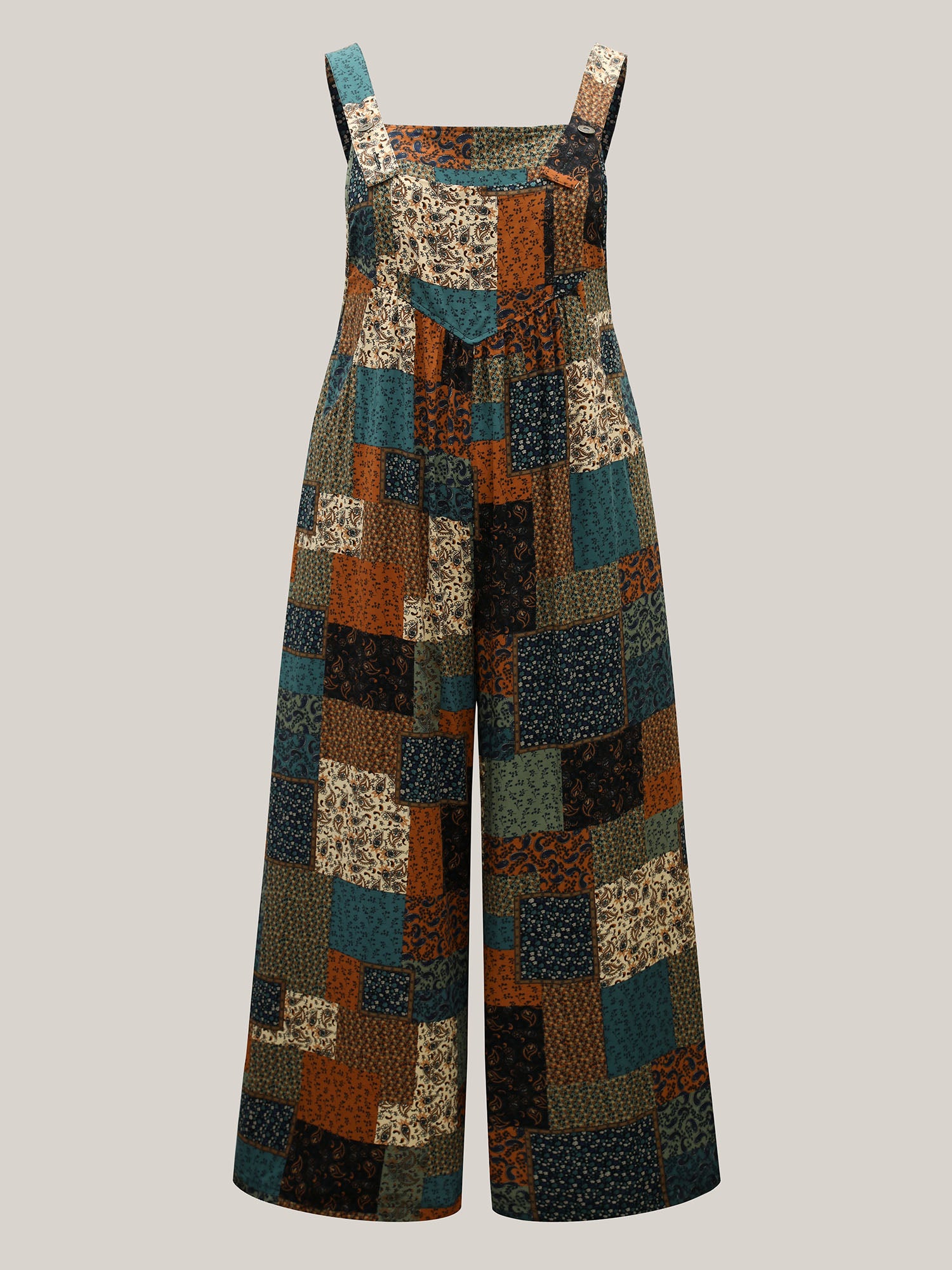Vintage Boho Collage Overall Straps Jumpsuit