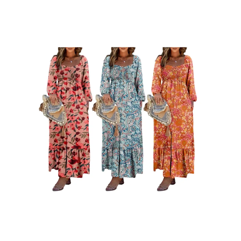Boho Floral Smocked Square Neck Long Sleeve Maxi Dress