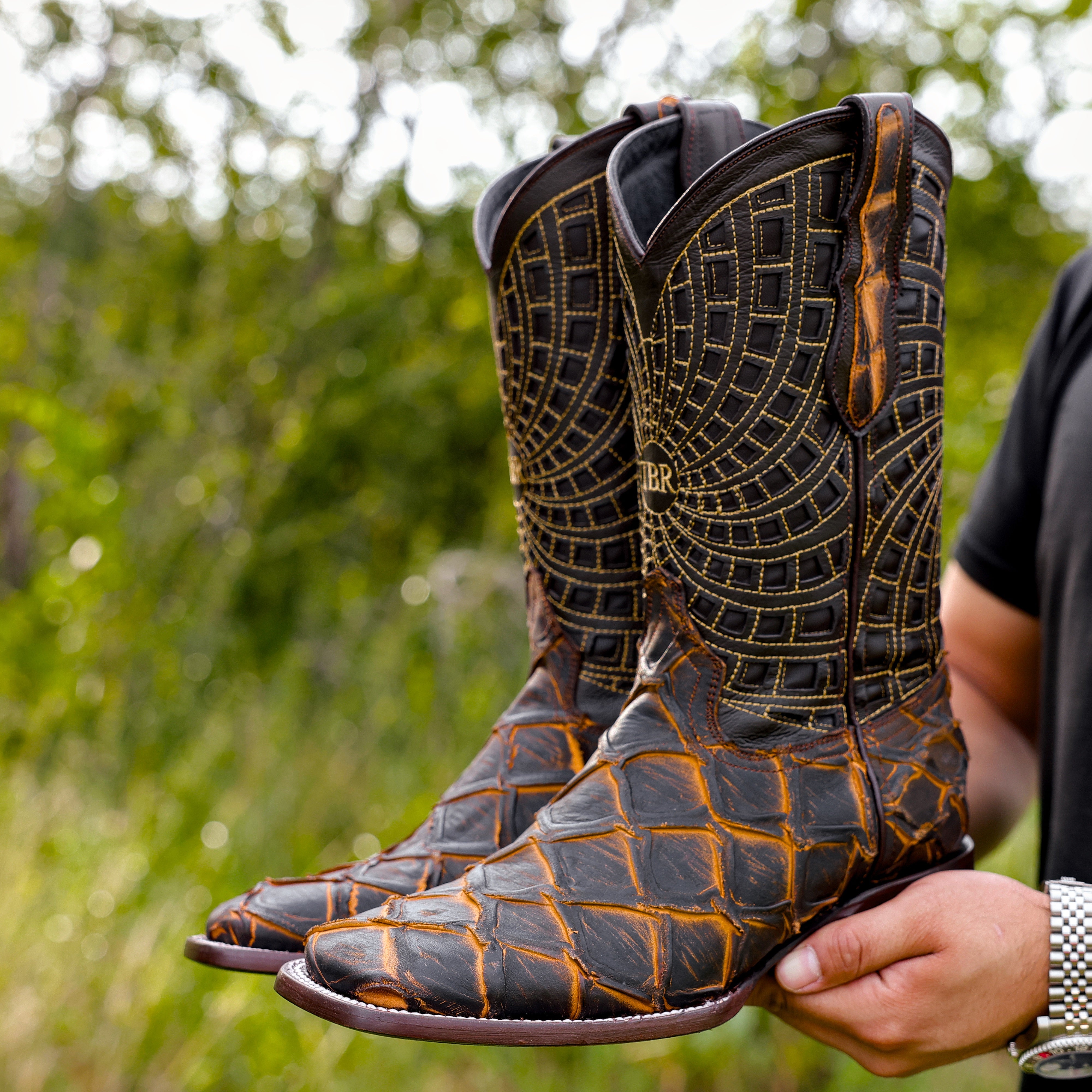 Matte Rustic Black/Honey Pirarucu Leather Boots - Square Toe
