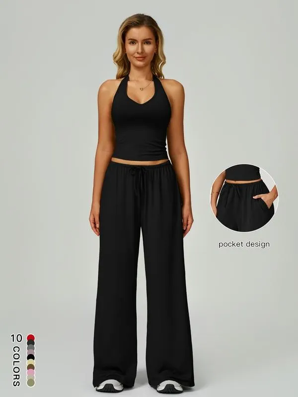 Women's Solid Crop Tank Top & Wide Leg Pants Set
