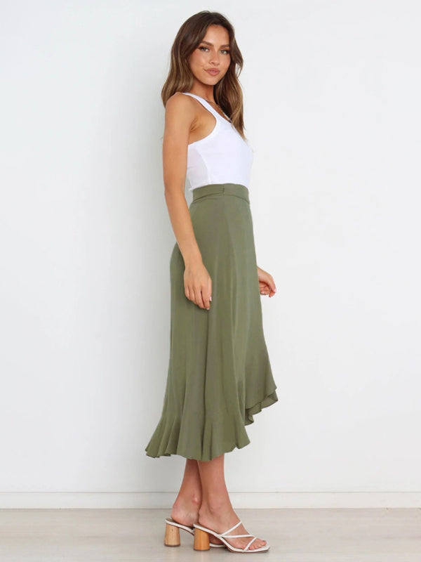 Waist Tie Solid Color Irregular Midi Flare Skirt