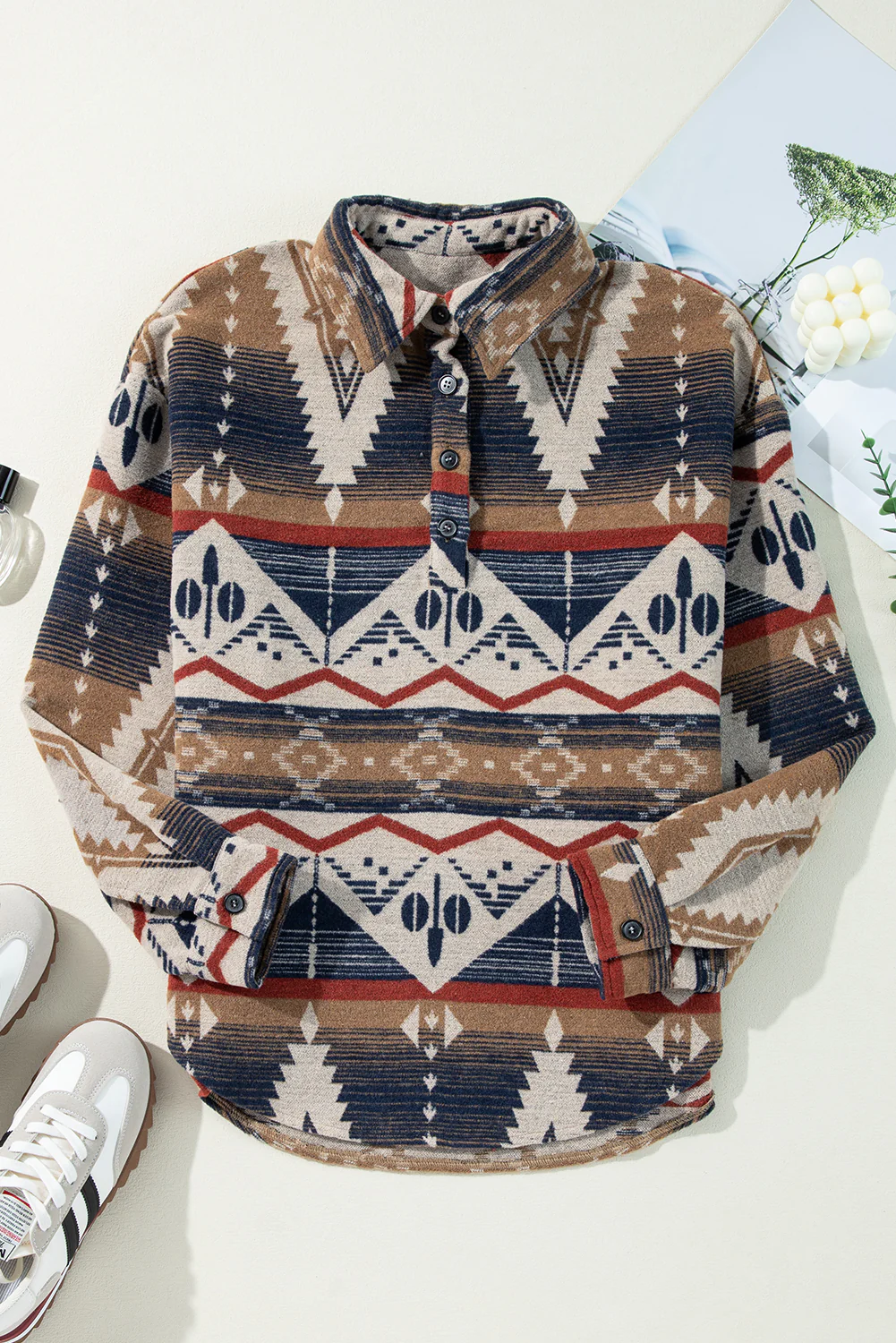 Western Aztec Collared Button-up Sweatshirt
