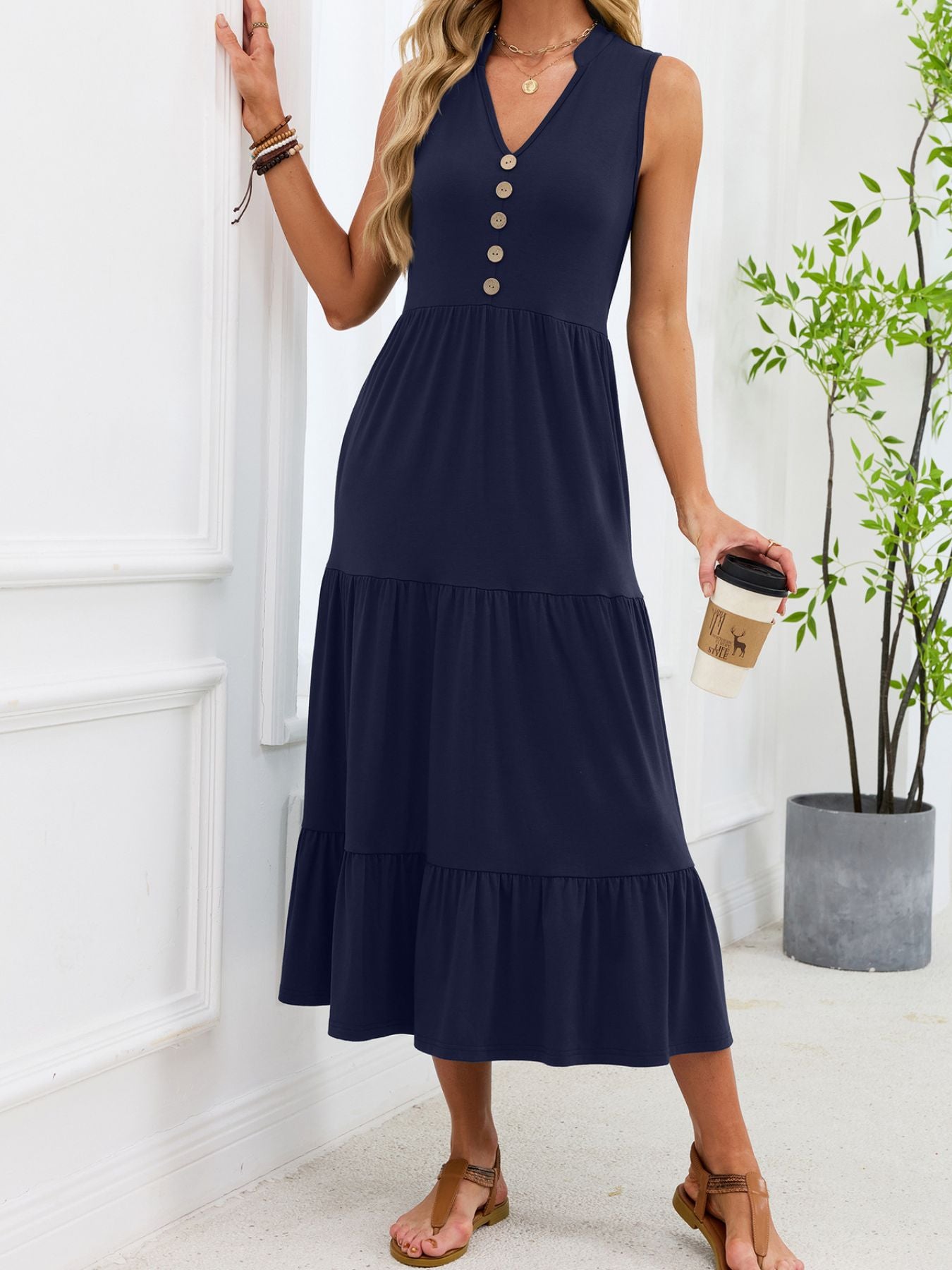Ruffled Notched Tiered Midi Dress