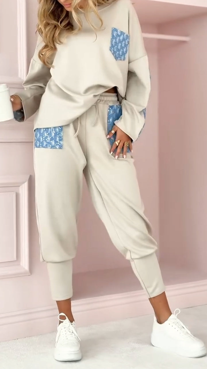 Women's Round Neck Patchwork Top + Drawstring Pants Casual Commuter Suit