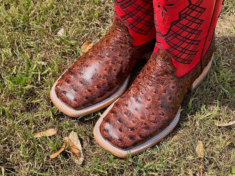 Men’s Cognac Ostrich Leather Boots With Red Shaft