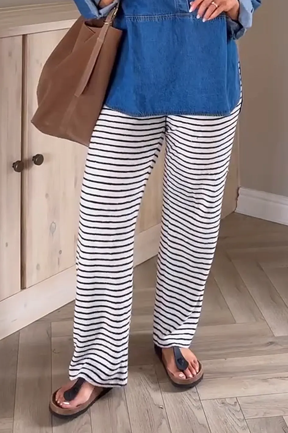 Denim Top And Yoga Pants And Striped Trousers