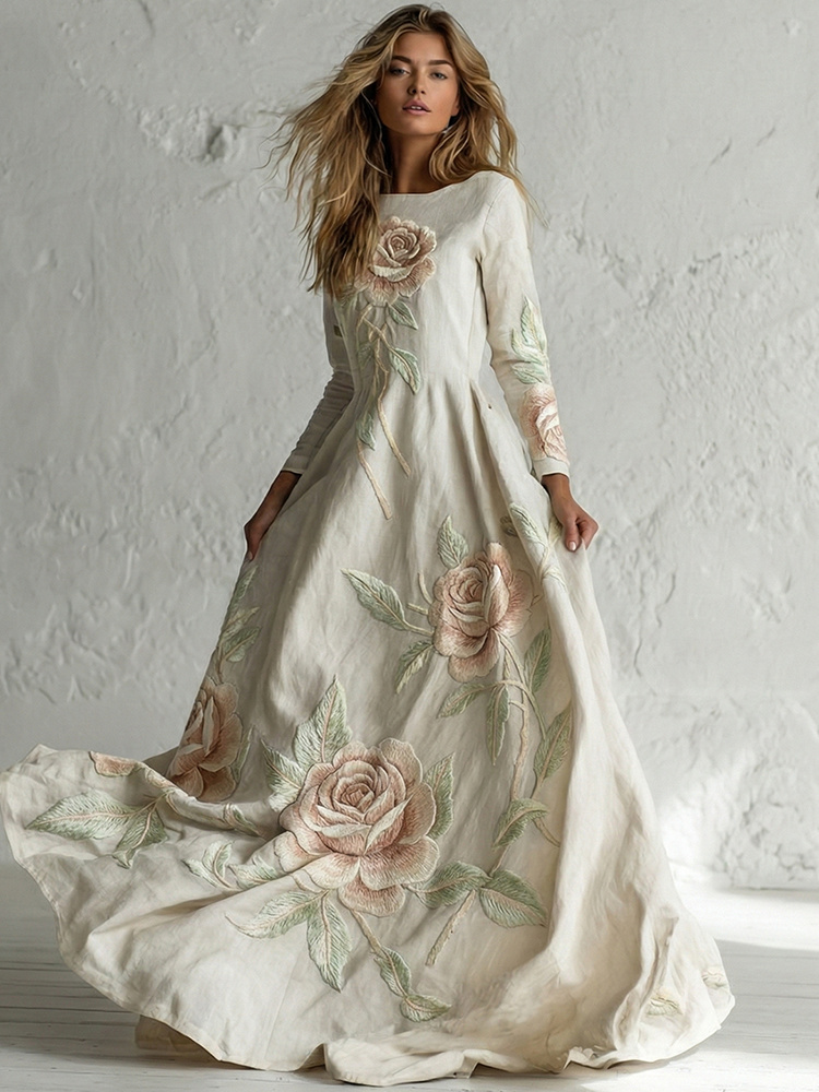 Women's Vintage Rose Art Flowy Maxi Dress